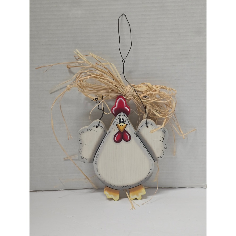 Vintage 90s Cottagecore Hand Painted Wooden Hen Wall Hanging Farmhouse Folk Art